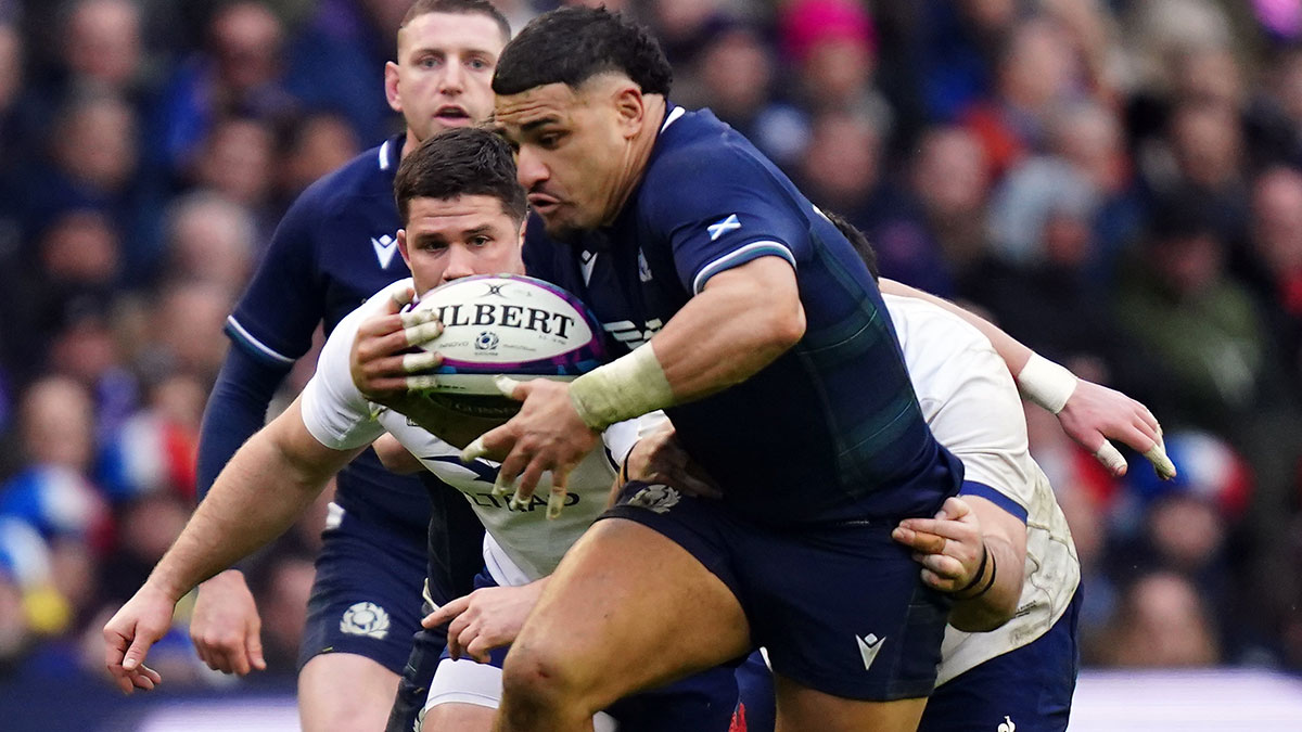 Sione Tuipulotu in action for Scotland v France during 2024 Six Nations