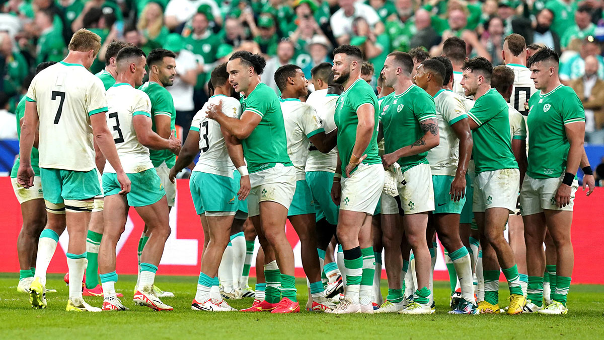 South Africa and Ireland players after pool match during 2023 Rugby World Cup