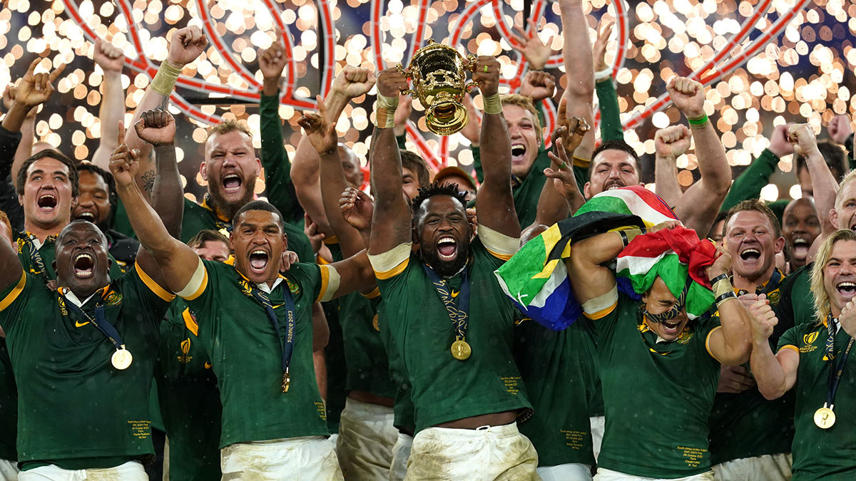 South Africa players lift Webb Ellis Cup after victory over New Zealand in 2023 Rugby World Cup final
