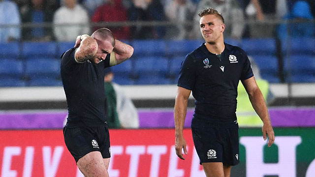 Stuart Hogg and Chris Harris look dejected after defeat to Ireland in World Cup