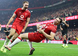 Tom Rogers scores a third try for Wales against New Zealand during 2025 Autumn Internationals