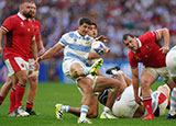 Tomas Cubelli kicks for Argentina against Wales in 2023 Rugby World Cup quarter final