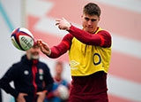 Tommy Freeman at England training session during 2024 Six Nations