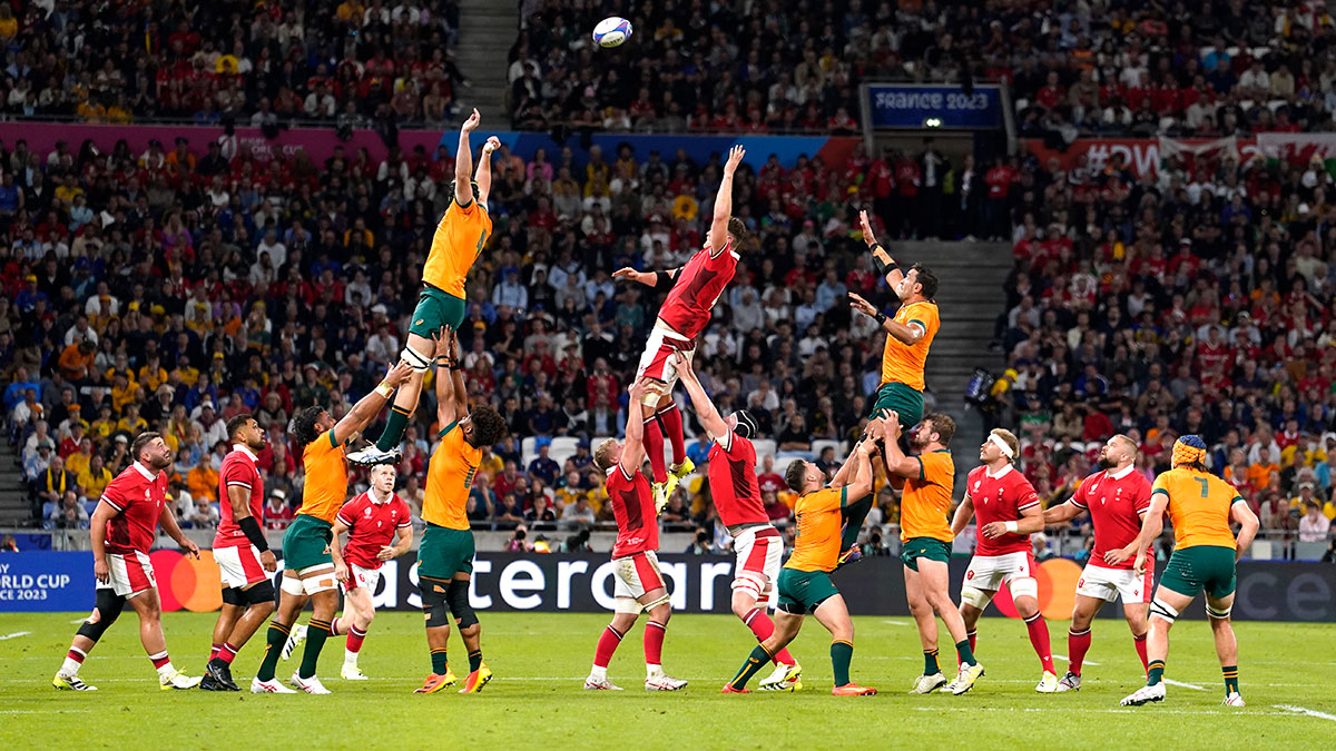 Wales and Australia players compete at lineout in 2023 Rugby World Cup