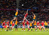 Wales and Australia players compete at lineout in 2023 Rugby World Cup