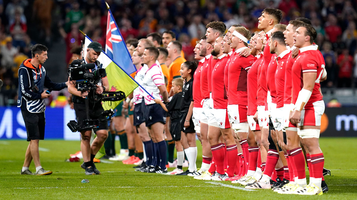 Wales and Australia players line up before match in 2023 Rugby World Cup