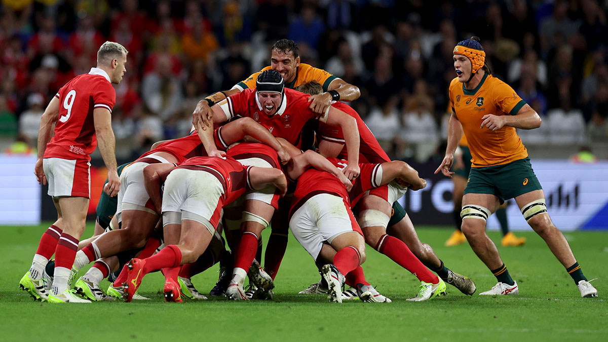 Wales players in maul with Australia players at 2023 Rugby World Cup