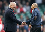 Warren Gatland and Eddie Jones shake hands during 2019 Six Nations