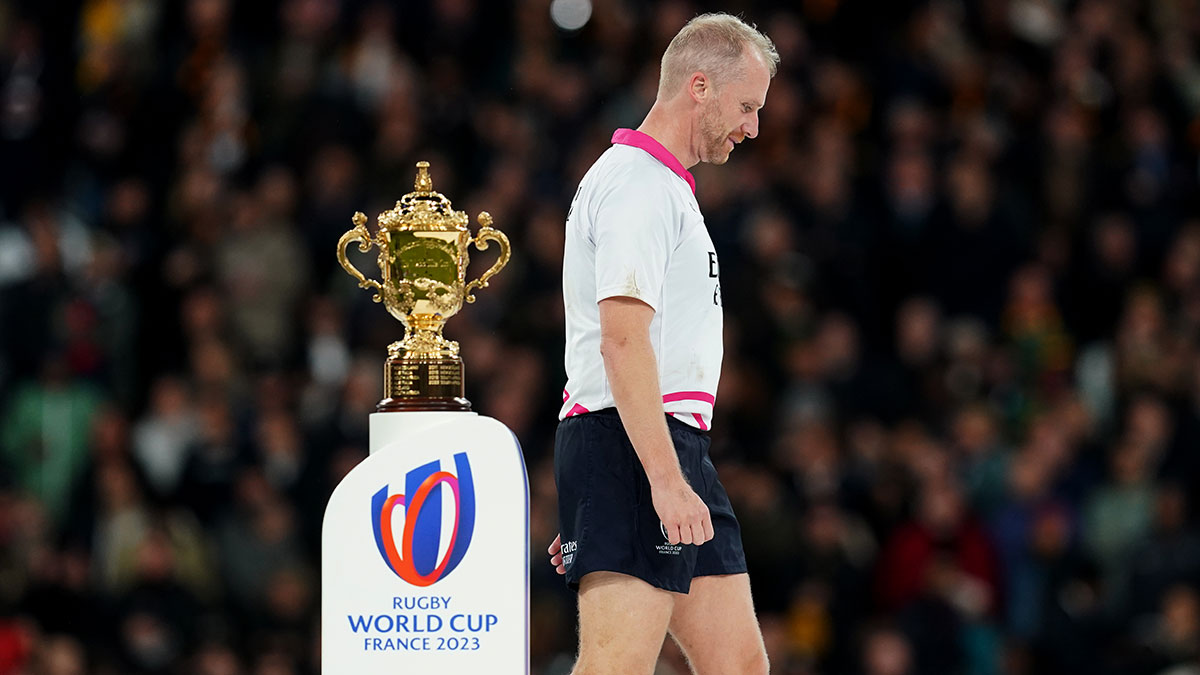 Wayne Barnes walks past the Rugby World Cup after refereeing the 2023 final