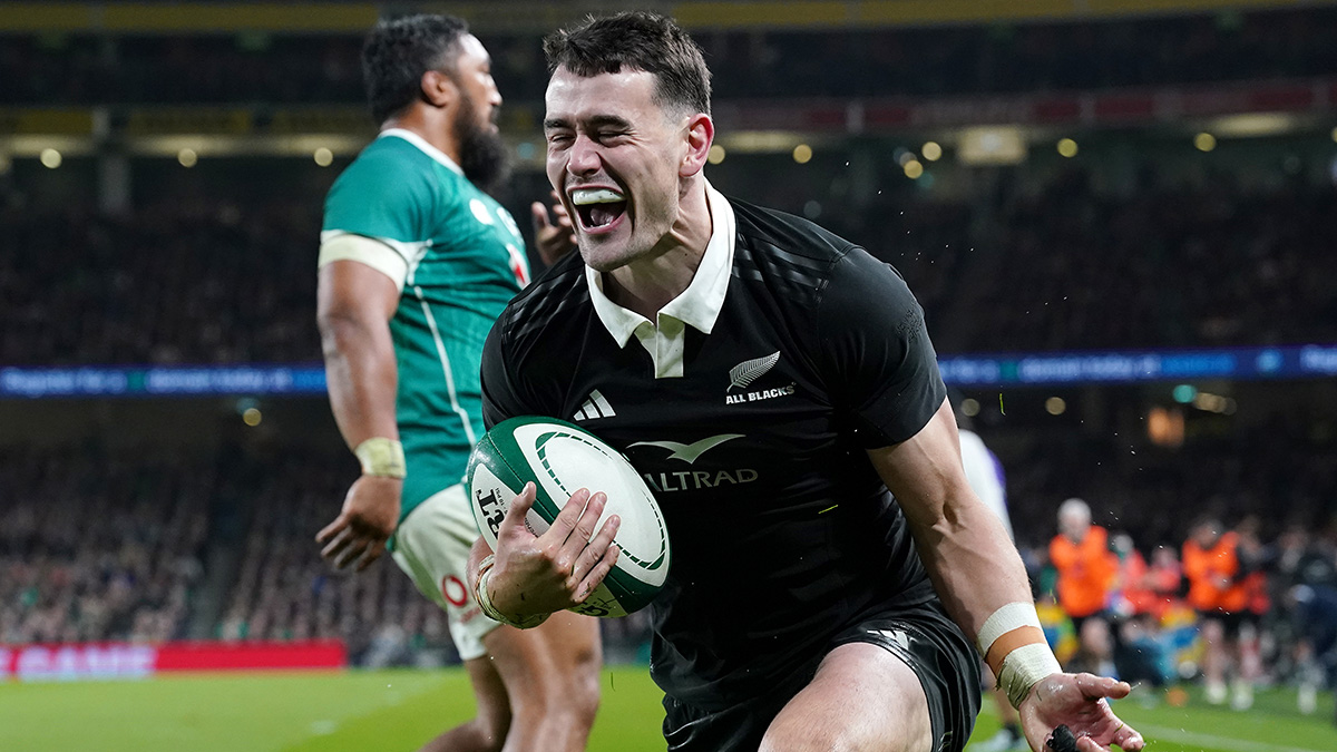 Will Jordan celebrates a try for New Zealand against Ireland in 2024 autumn internationals