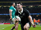 Will Jordan celebrates a try for New Zealand against Ireland in 2024 autumn internationals