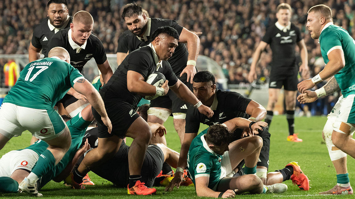 Xavier Numia in action for New Zealand v Ireland during 2026 Nations Championship